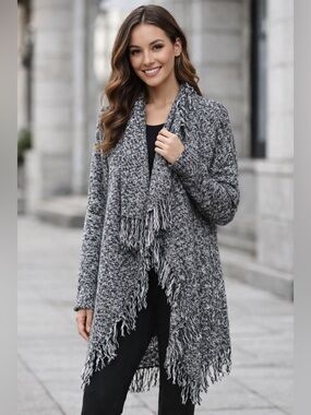 Kensie Asymmetrical Waterfall Fringe Cardigan Sweater sz M/L